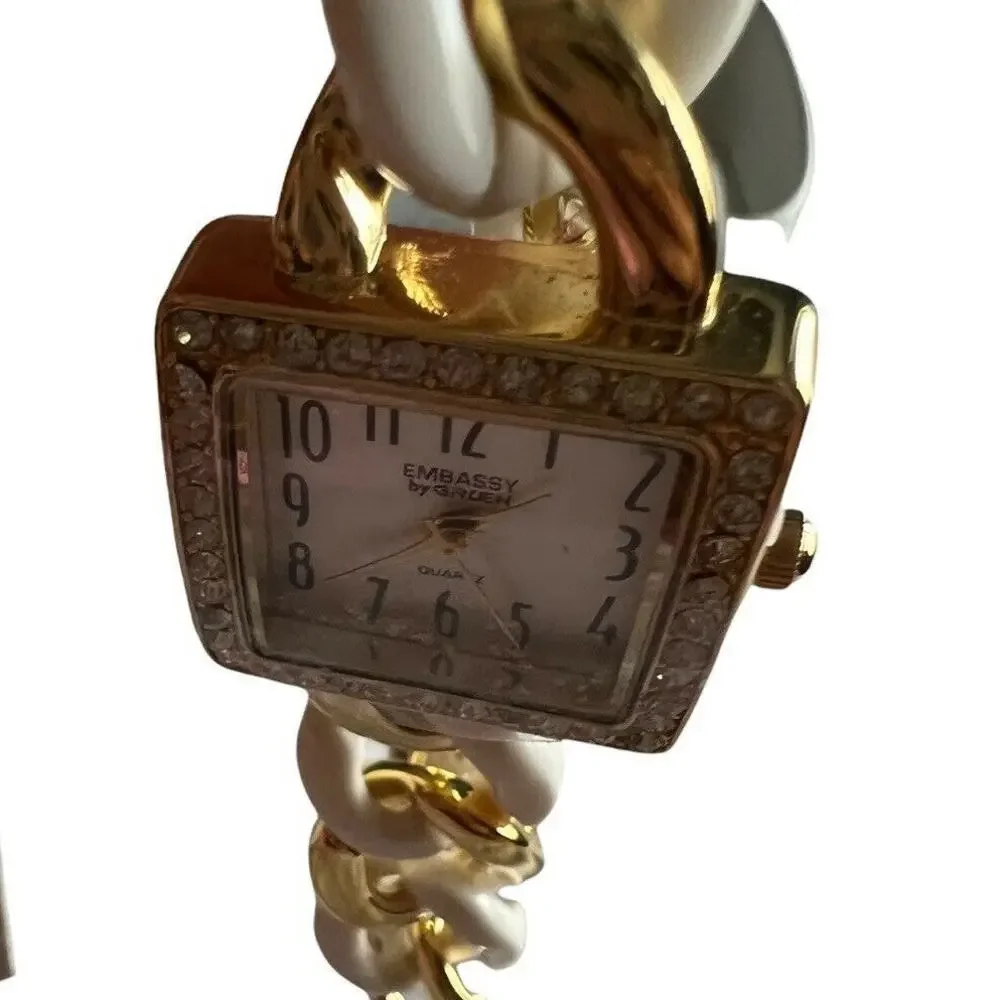Embassy by Gruen Women's Watch Gold White Chain Link Cuff Rhinestone Square NIB